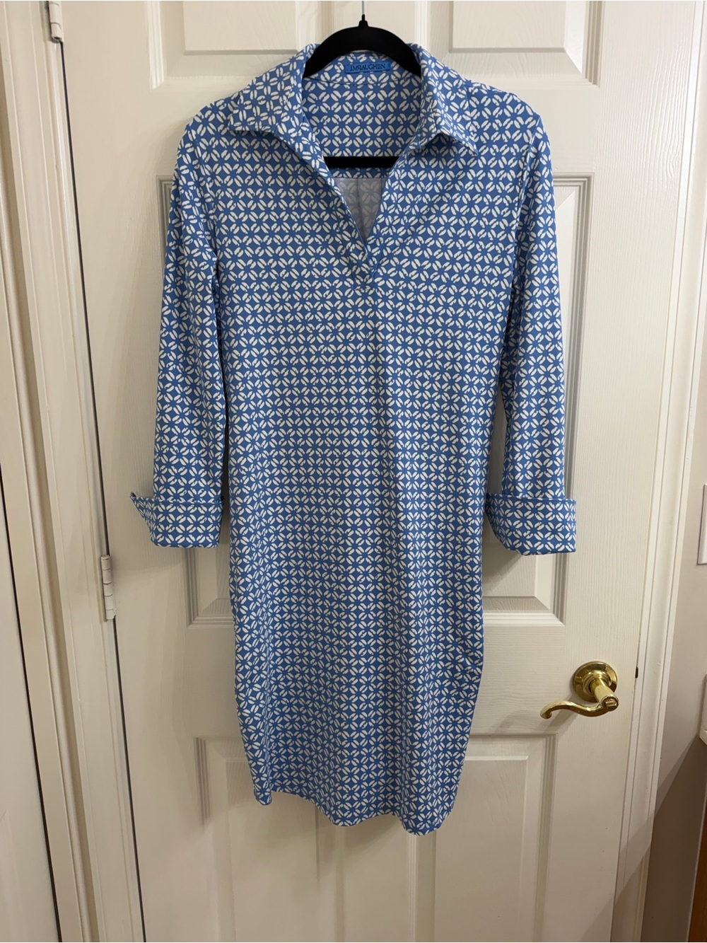 J. McLaughlin Blue and White Geometric Shirt Dress Size L